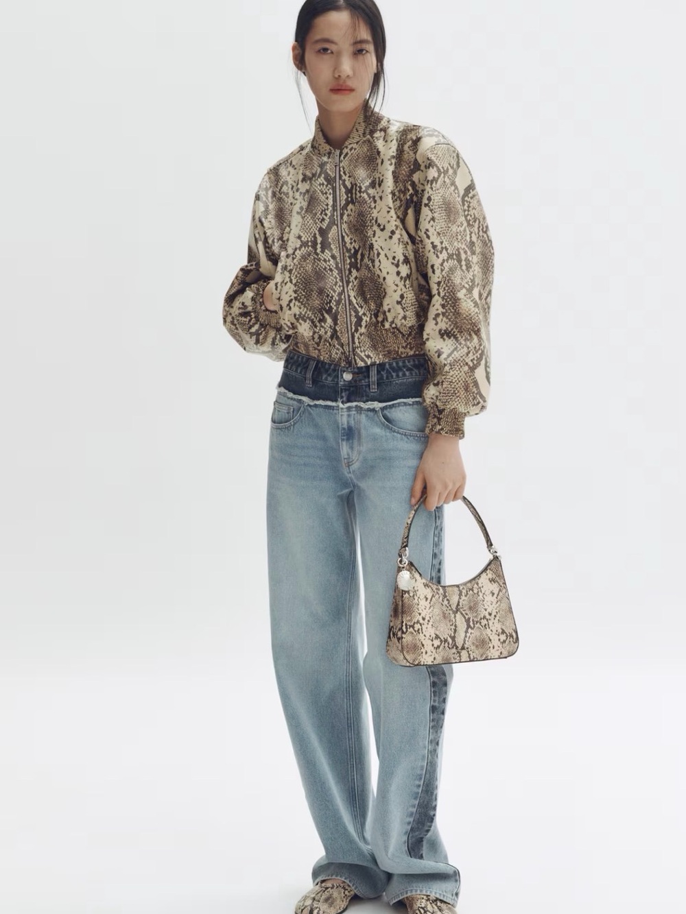 H&M Snakeskin-Print Bomber Jacket in Beige and Brown